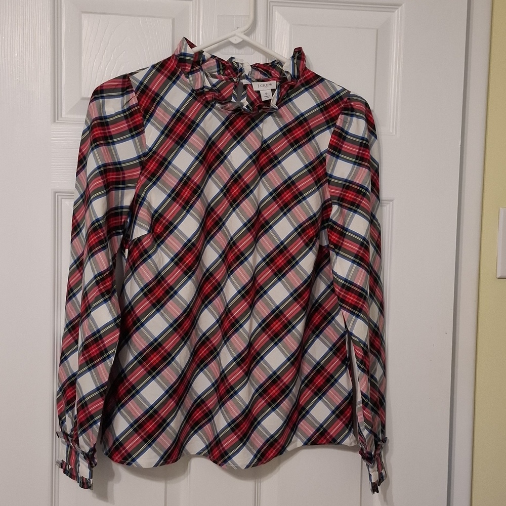 J.Crew sz S, Tartan plaid, ruffle neckn cotton poplin blouse.